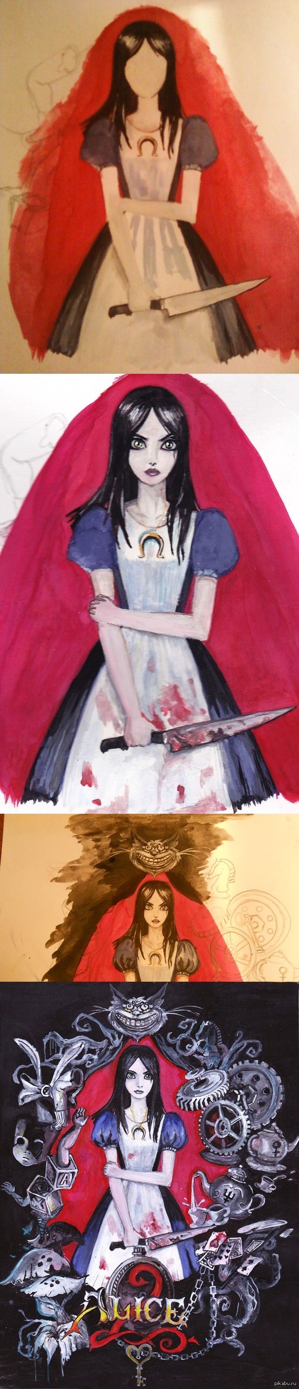 Alice Madnes Returns or Hello peekaboo, this is my first post)) - NSFW, My, Alice: Madness Returns, My, Drawing, Color drawing, Gouache, Kindness, Longpost