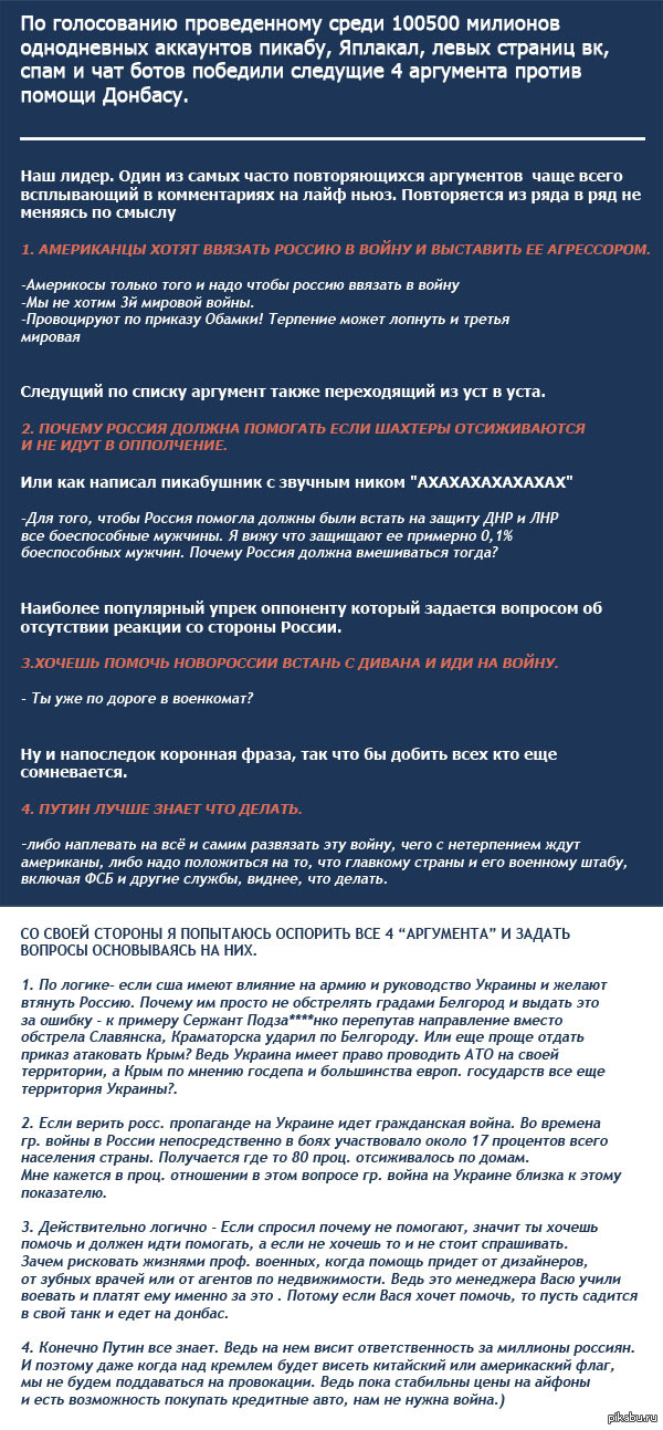 Рейтинг аргументов почему Россия не должна помогать Новороссии.