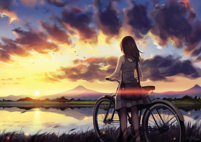 One Day - Art, Drawing, Girls, A bike, 