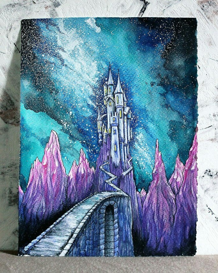 castle on the hill - My, Watercolor, Painting, Art, Lock, Night, The mountains, Fantasy, Starry sky, Longpost