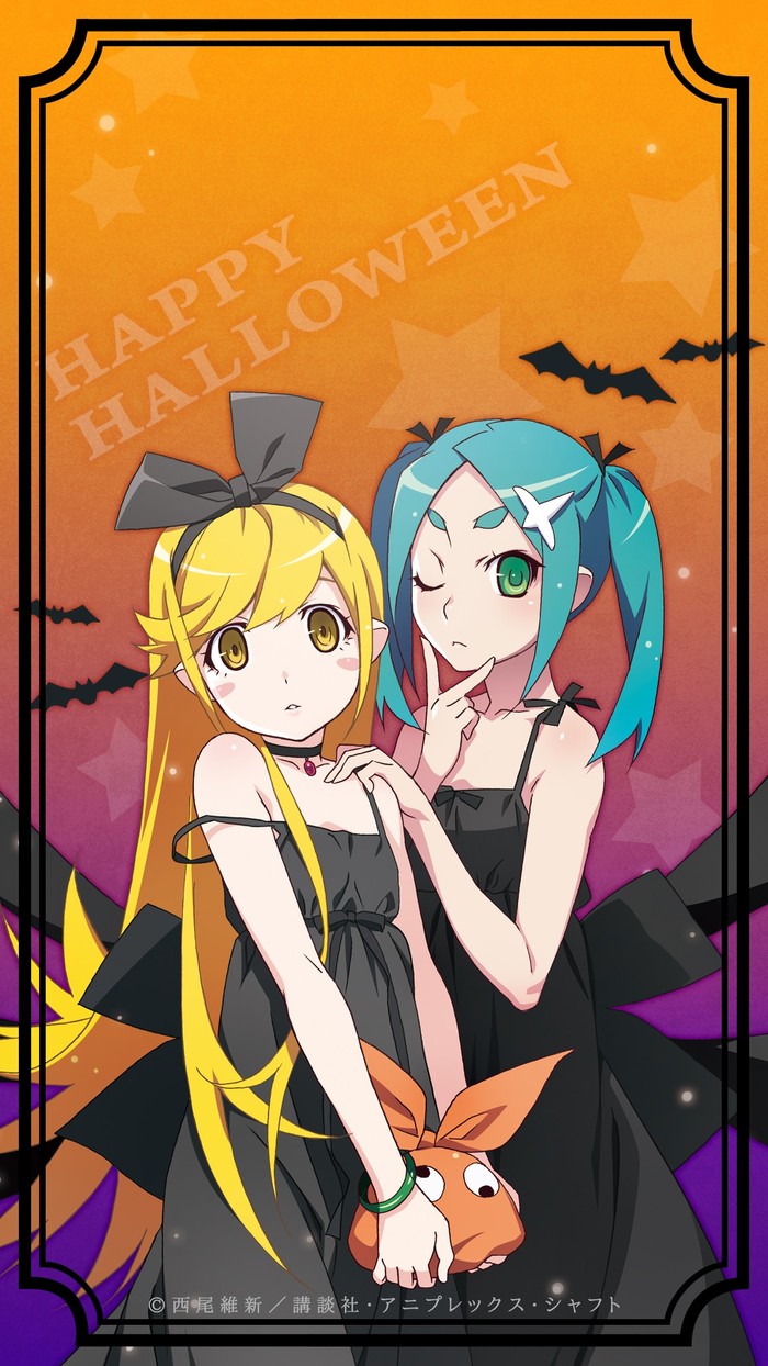 Halloween - Yotsugi Ononoki, Shinobu Oshino, Monogatari series, Хэллоуин, Аниме, Anime Art, Гифка, Длиннопост