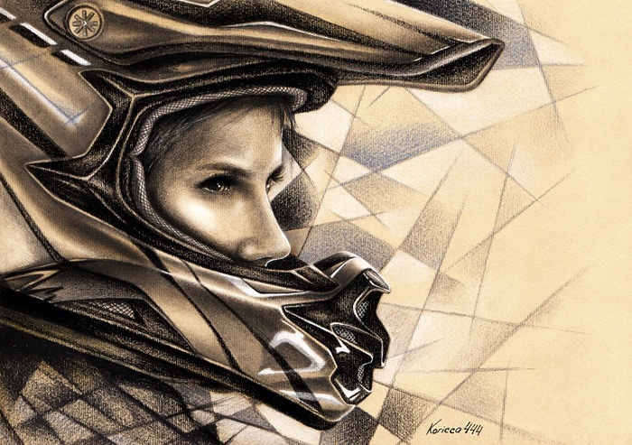 Drawing with watercolor pencils on embossed paper. - My, Moto, Motorcyclist, Motocross, Pencil drawing, Artist, Portrait, Helmet, Motorcycle helmet, Motorcyclists