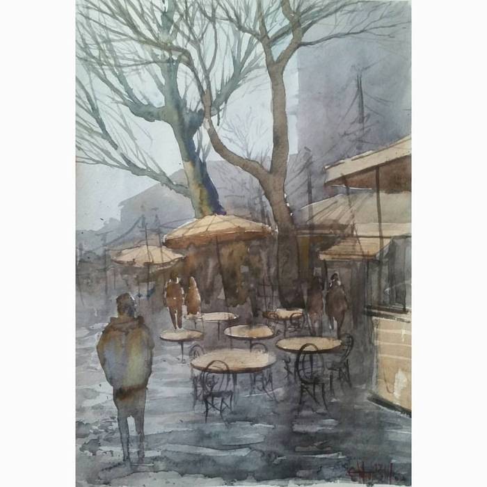 Rain in the city. Watercolor, paper 42x30cm 2017 - My, Watercolor, Painting, Town, Rain, Cityscapes, Landscape, Art, Art, Street photography