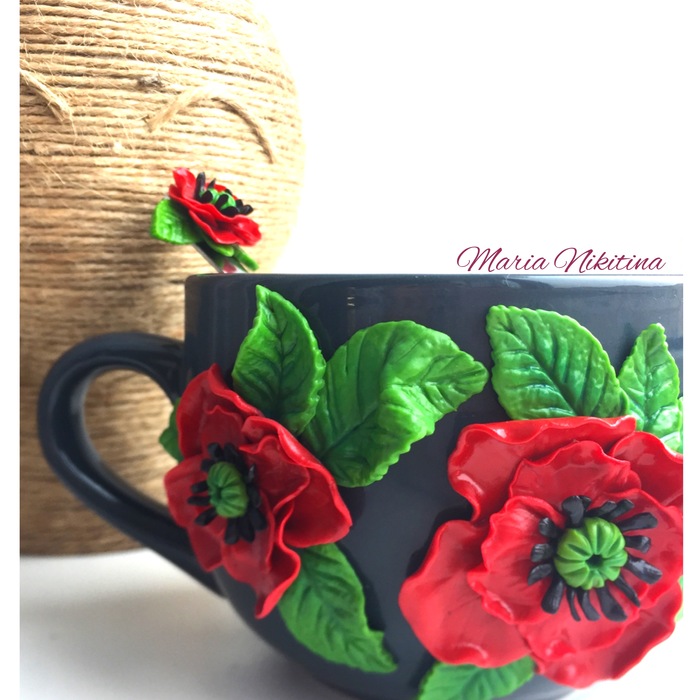 Red poppies for Mother's Day - My, Needlework without process, Mug with decor, Polymer clay, Кружки, Mothers Day, Presents, Longpost
