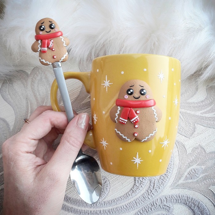 Rate cuteness from 1 to 10 ;)) - My, Polymer clay, Needlework, Кружки, A spoon, Present, New Year, Presents