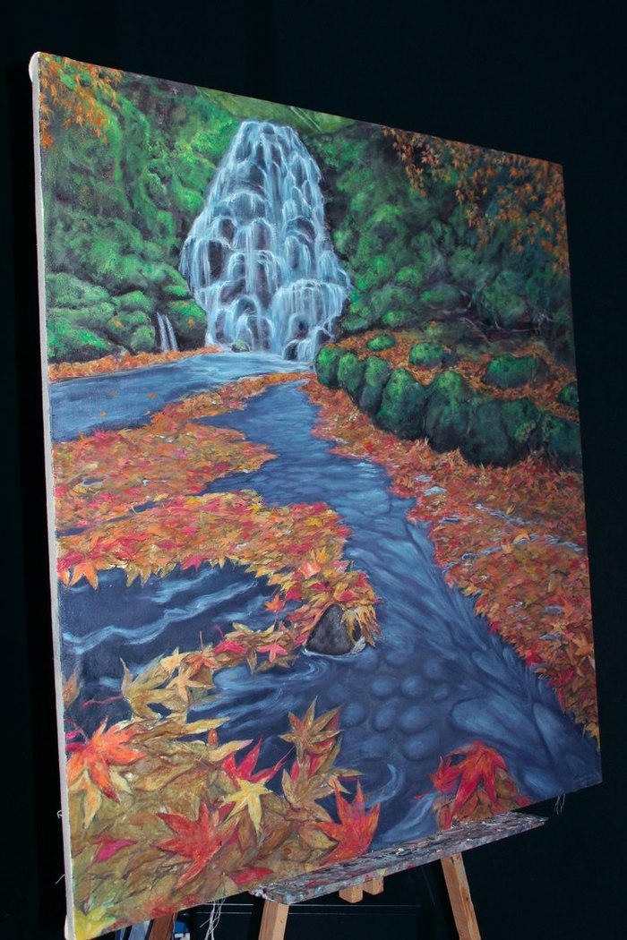 Oil painting. autumn waterfall - My, Painting, Oil painting, Creation, Autumn, Leaves, Waterfall, Nature