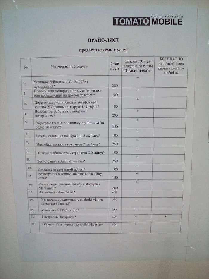 Price list - Price, Services, Longpost