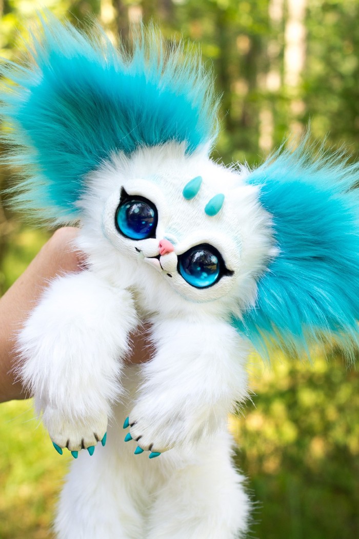 White animal with blue ears - My, Handmade, Adelkawalka, Soft toy, Artificial fur, Handmade, Longpost