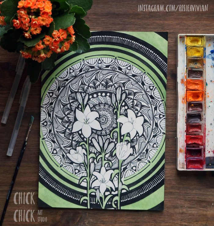 Mandala with lilies - My, Mandala, Drawing, Flowers, Watercolor, Black pen