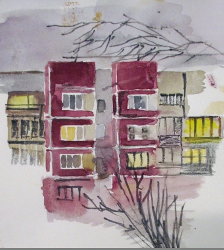 My apartment building - High-rise building, Sketch, Watercolor, Homeland, Evening