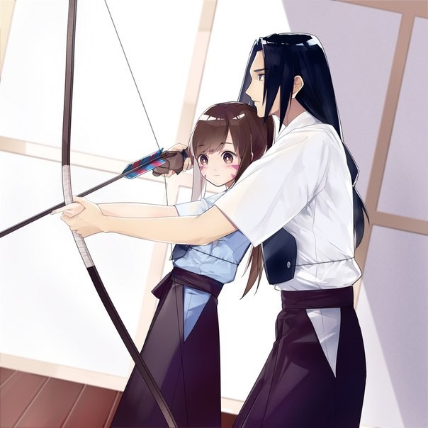 Hanzo teaching Hana - Overwatch, Hanzo, , Blizzard, Archers, Art, Dva