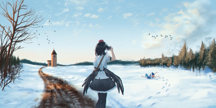 Lucky shot - Anime art, Anime, Touhou, Shameimaru aya, Cirno, Roke