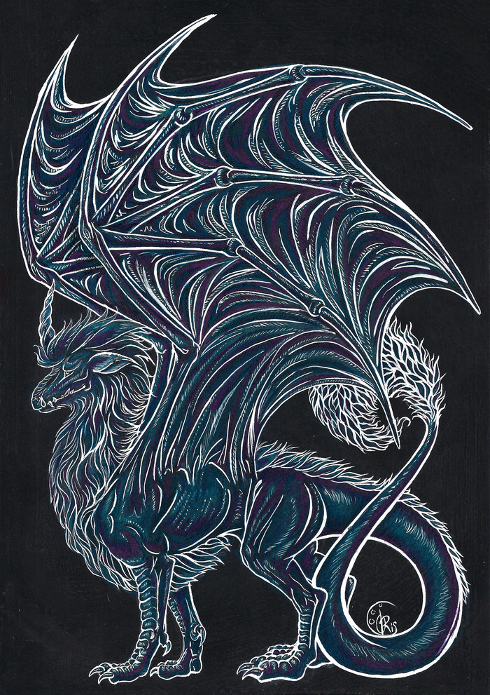 Twilight Guardian. - My, Drawing, Colour pencils, Ceruse, Black pen, Black paper, The Dragon