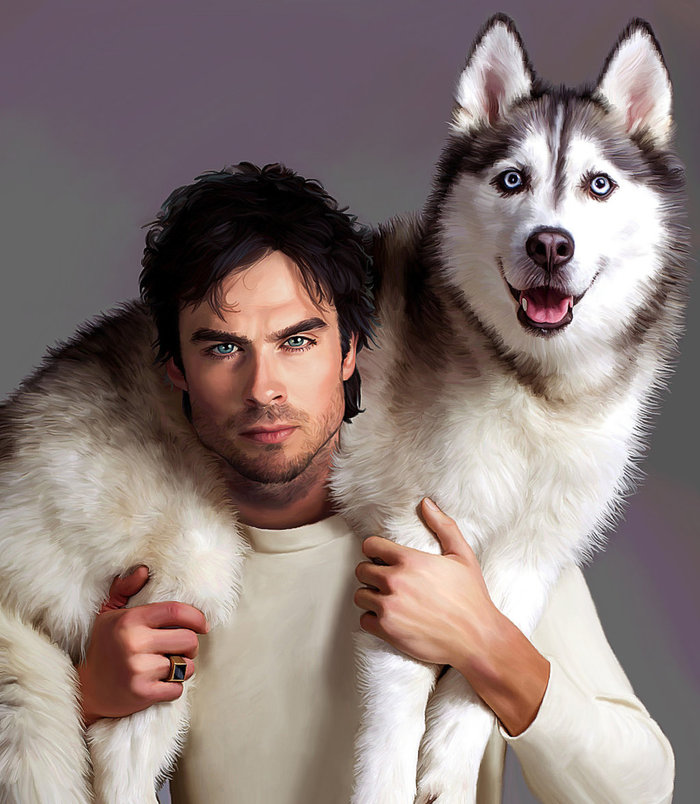 It is immediately clear that the author of the work is not indifferent to Ian Somerhalder and the Husky - Ian Somerhalder, Husky, Painting, 