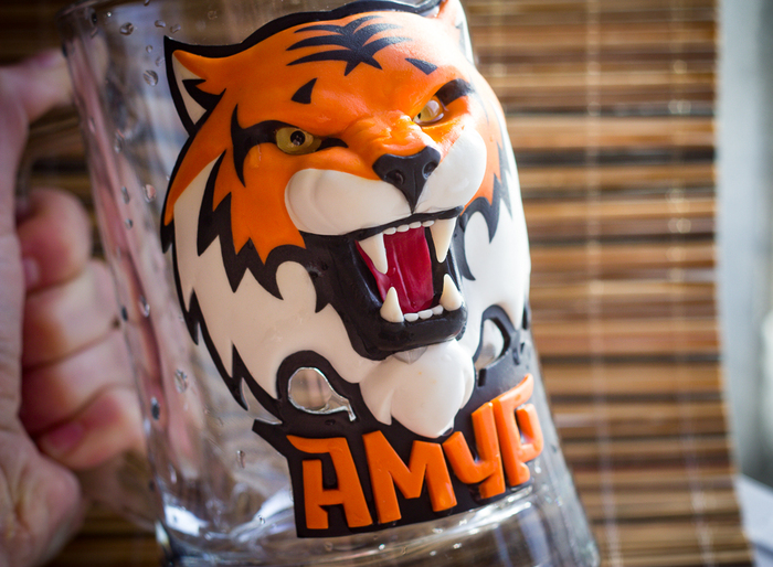 Beer mug for a fan of HC Amur - My, Beer, Amur, Hockey, Handmade, Polymer clay, Presents, Mug with decor, Кружки, Longpost