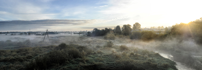 Search dawns. - Панорама, Landscape, Morning, dawn, My, My, Подмосковье, Fog, Frost