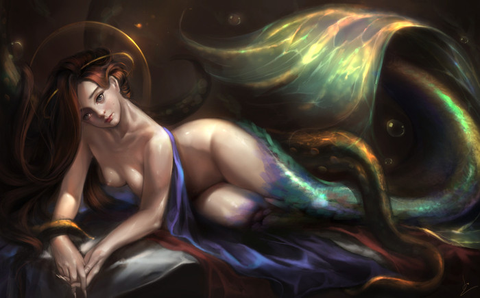 sea ??sorceress - NSFW, Strawberry, Erotic, Images, Digital drawing, Fantasy, Mermaid, Boobs, Deviantart