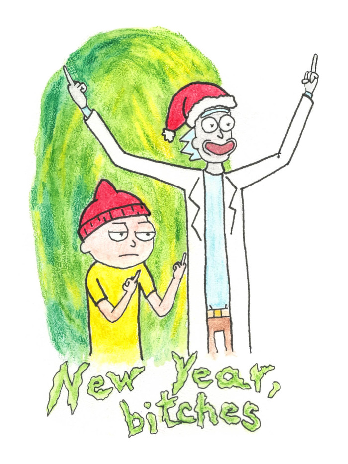 Happy New Year, peeps)) - Rick and Morty, New Year, My, Postcard, Art