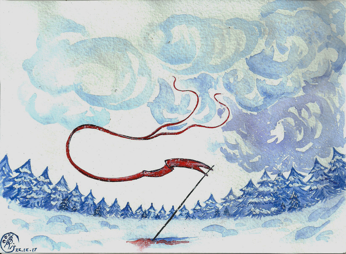 Today is a winter landscape. - My, Drawing, Watercolor, Landscape, Christmas trees, Sky, Flag, Aloe, Snow