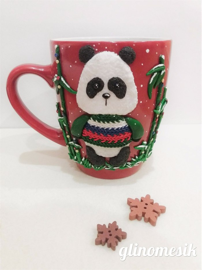 mug with panda - My, Кружки, Panda, Polymer clay, Handmade, Needlework, Needlework without process, Handmade, Polymer clay, Longpost