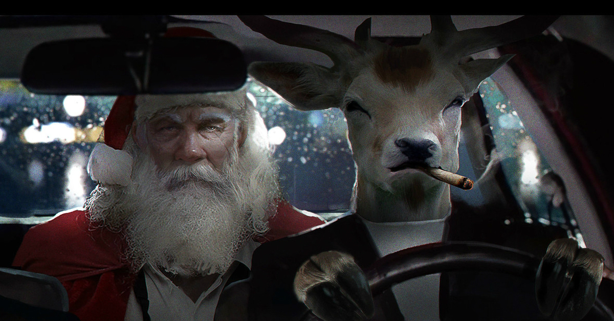 Дед мороз остановка. Санта на машине. Брутальный дед Мороз. Дед Мороз на машине. Дед Мороз с оленем в машине.
