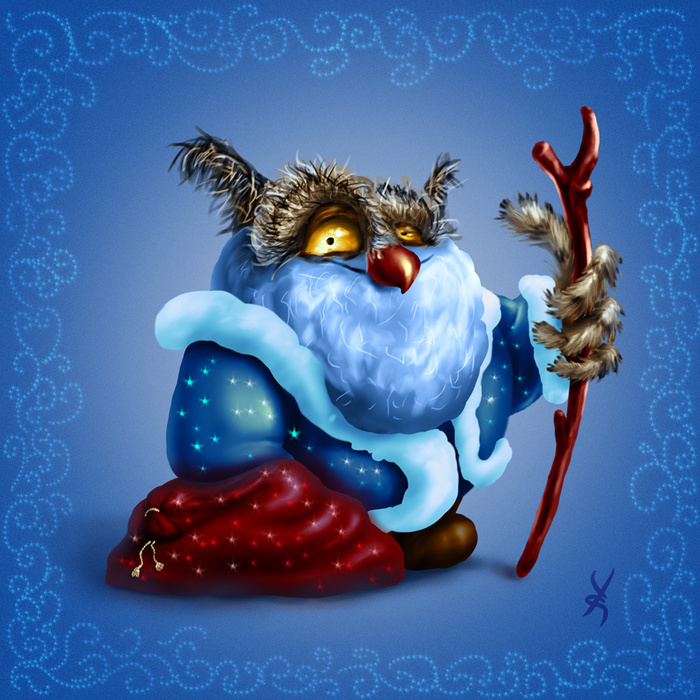 Holiday greetings! - My, Owl, Father Frost, Painting, New Year