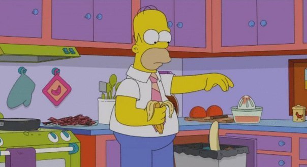 How to eat a banana - The Simpsons, Storyboard, Homer Simpson, Banana, Bacon, Trash can, Kitchen