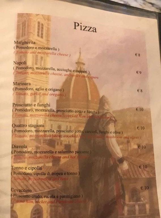 My friend in Florence and here in one restaurant a screenshot from Assasin's Creed on the menu - Games, Menu, Assassins creed, Food, Italy, Pizza