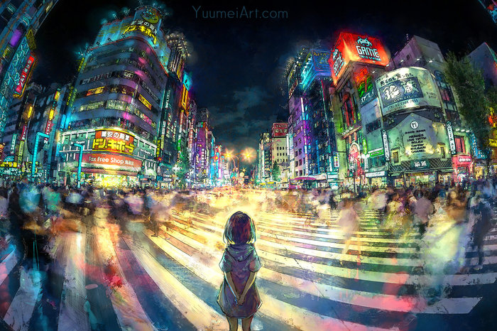 Still Waiting - Anime art, Anime original, Town, Girl, Crosswalk, Yuumei