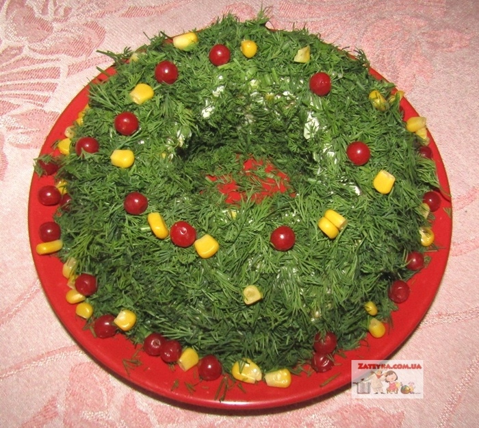 Salad Christmas wreath with chicken fillet, cheese and eggs - My, Recipe, Chicken salad, Christmas, Yummy, Longpost