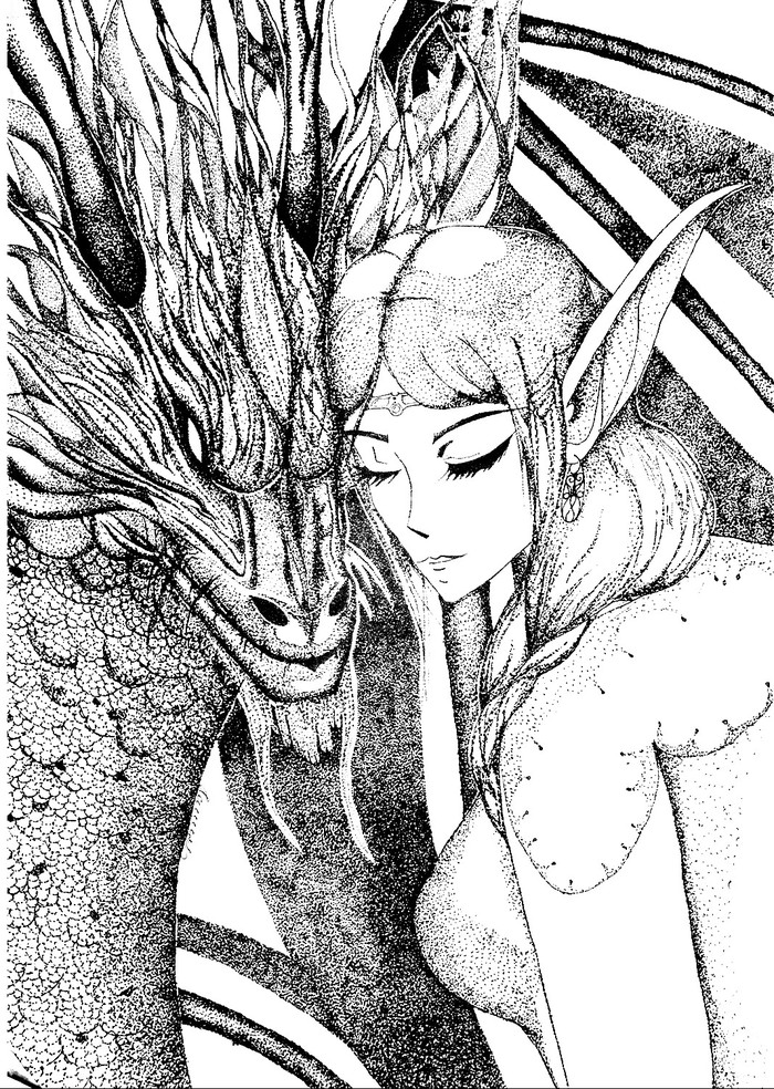 Dragon and his beloved My work:3 - My, The Dragon, Anime, Anime girls, Dotwork, Black and white, 