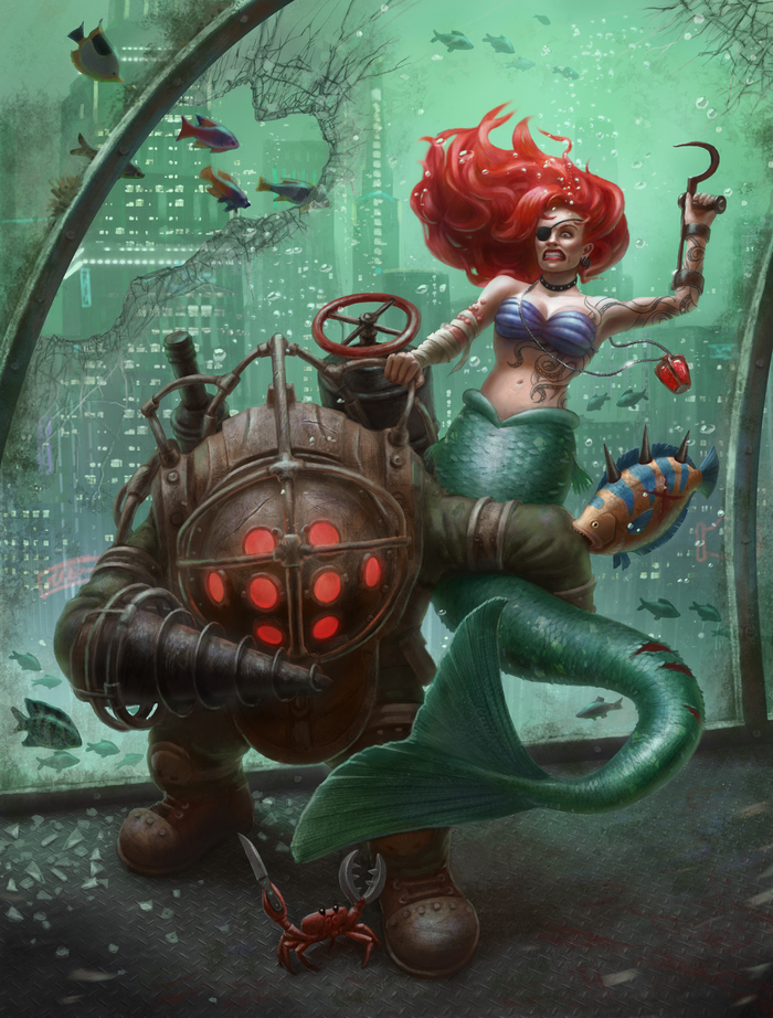 Big Daddy VS Mermaid - My, BioShock, Bigdaddy, the little Mermaid, Crossover, My