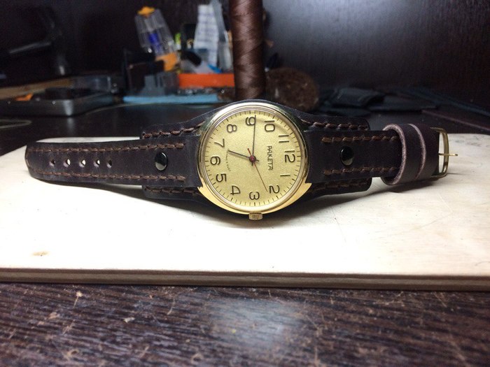 A strap with a backing - a wristband for a Raketa watch. - My, Needlework without process, Strap, Handmade, Leather, Made in USSR, , Clock, Longpost