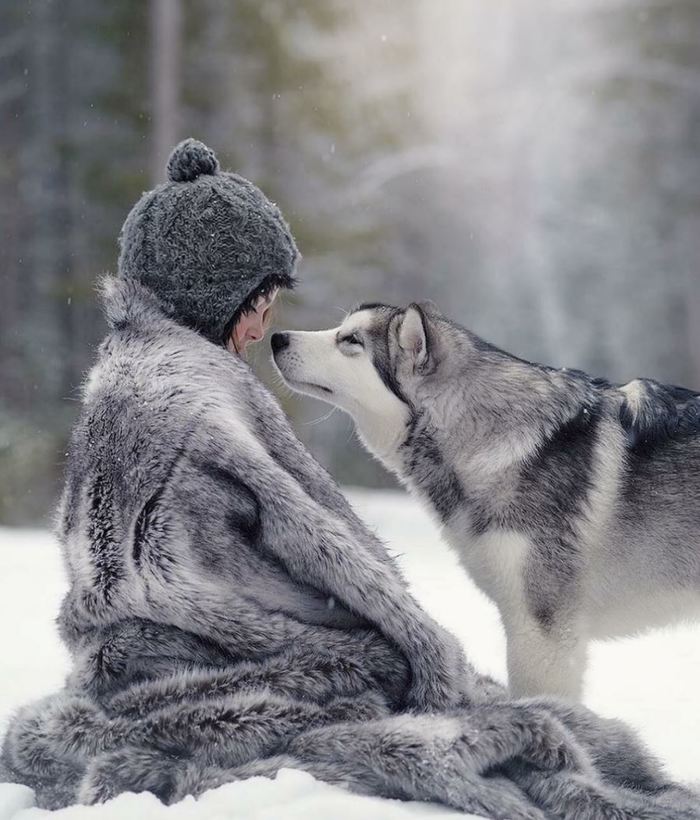 And from whom did you remove this skin? - Winter, Snow, Fur coat, Wolf, beauty, Girl, Harmony