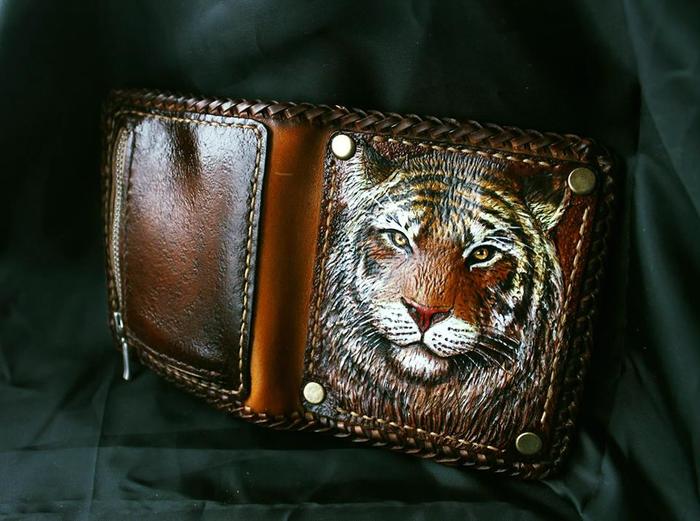 Leather wallet Tiger - My, Leather, Wallet, Male style, Tiger, Embossing on leather, Needlework without process, Longpost