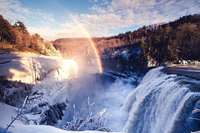 Nature knows how to surprise. - Rainbow, Waterfall, Snow, Winter, USA, 