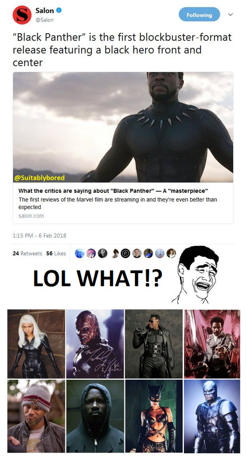 Black Panther is the first blockbuster movie to feature a black actor in the title role. - Black Panther, Marvel, Humor