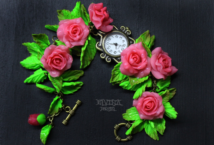 Bracelet watch made of polymer clay - My, Polymer clay, the Rose, March 8, Wrist Watch, A bracelet