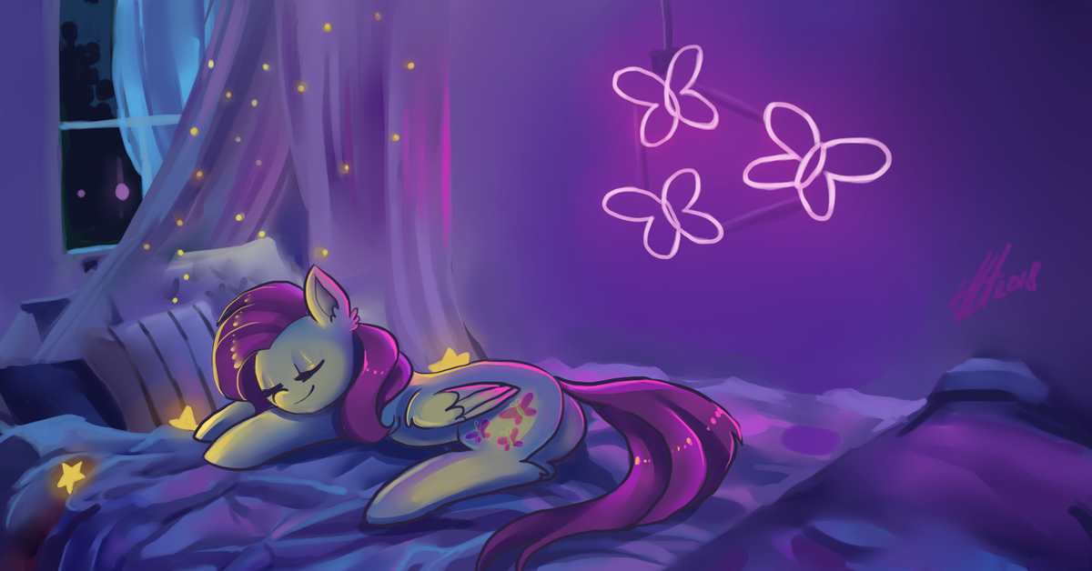Night pony. Пони Флаттершай лежит. MLP Fluttershy Sleep.