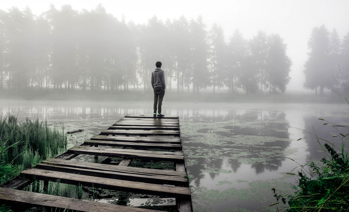 Summer morning. - My, Fog, Lake, Bridge, Person, Landscape, Summer, Loneliness, Morning