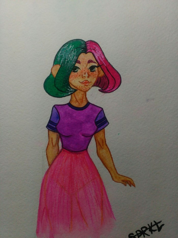 Head watercolor girl - My, Watercolor, Colorful hair, Watercolor pencils, Eyes, Beginner artist, Cartoons, Drawing