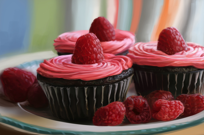 Cupcakes and raspberries - My, Digital drawing, Cake, Raspberries, Photoshop, Food