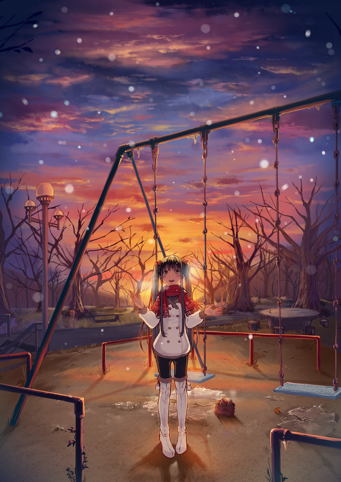 Winter - Anime art, Longpost, Pixiv, Anime original, Touhou, Art