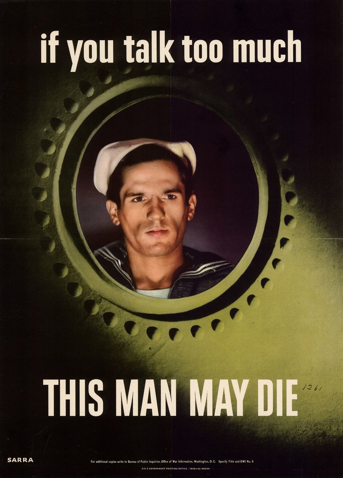If you talk too much, this man may die - Propaganda poster, The Second World War, USA, Sailors, Sailor, Men