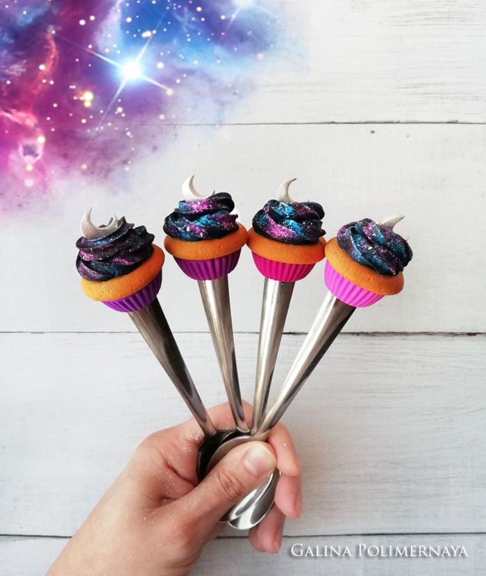 Cosmo cakes @_@ - My, Cupcakes, Space, Polymer clay, Лепка, Decor, Needlework without process, moon, Month, Longpost