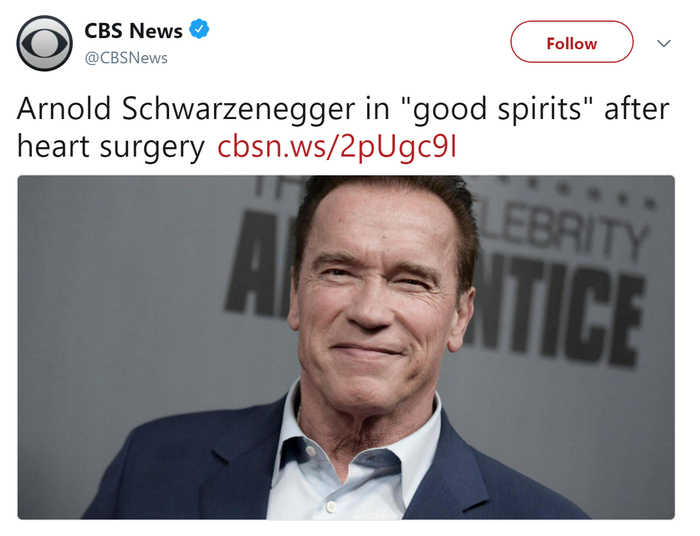 The representative of Schwarzenegger spoke about the condition of the actor after heart surgery - Society, Health, Arnold Schwarzenegger, Return, Good mood, Russia today, Screenshot