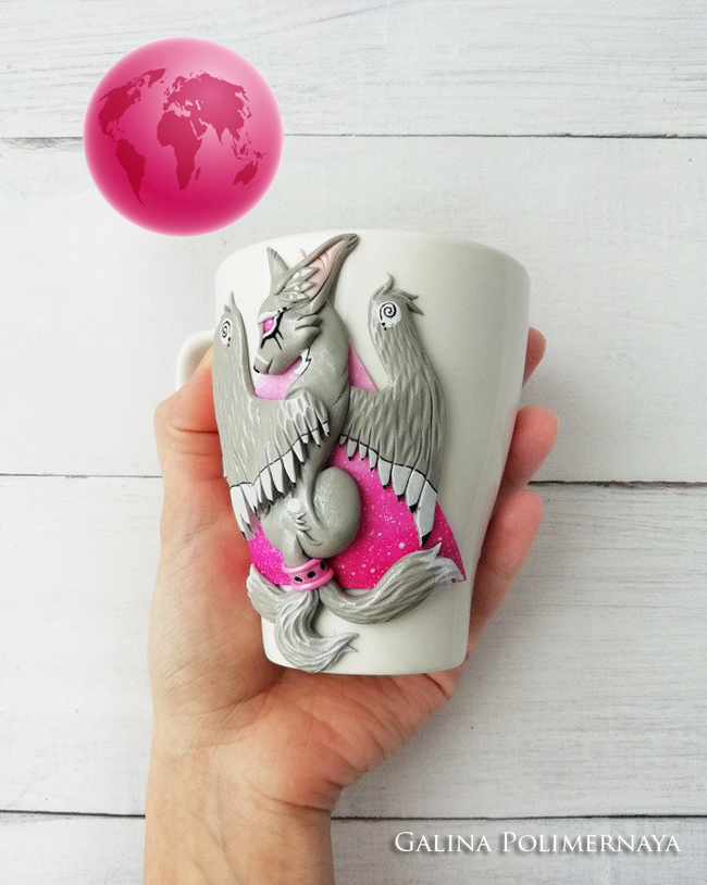 Mug with Kitsune ^_^ - My, Polymer clay, Needlework without process, Кружки, Kitsune, Fox, Лепка, Longpost, Decor, Mug with decor