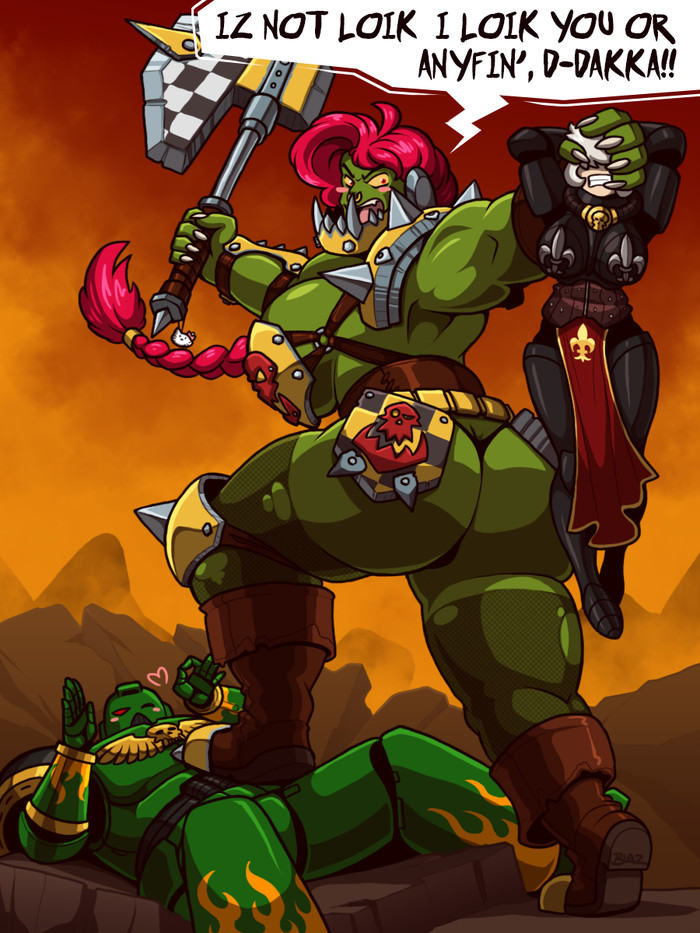 GIT AWAY FRUM MY HUZBANDO, YA PANSTY GROT! - Blazbaros, Art, Strong girl, Sleep-Sleep, Warhammer 40k, Orcs, Rule 63, Zundere