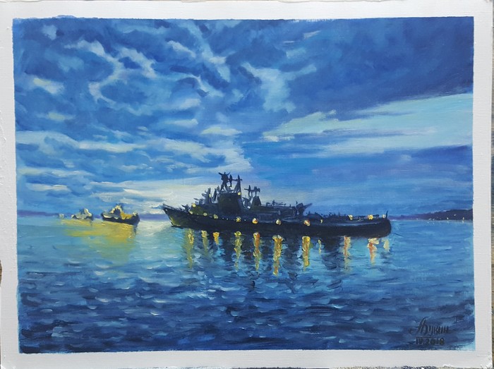Ships on the roads in Sevastopol - My, Sevastopol, Combat ships, Bay, Landscape, Painting, Painting, Butter, Ship