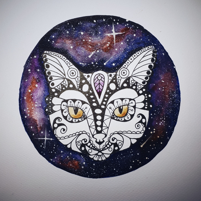 Night cat - My, Drawing, Watercolor, cat, Space